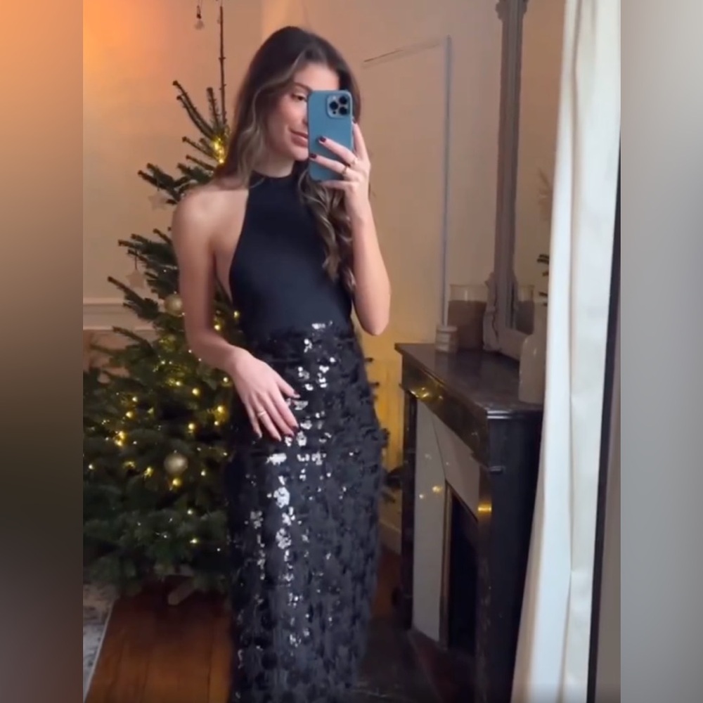 New Zara $89 Sequin Knit Halter Black Midi Dress Limited Edition 2488/125 Small